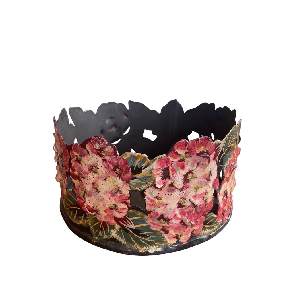 Vintage Haitian Hand Painted Metal Bowl Hydrangea‎ Flower Folk Art Centerpiece